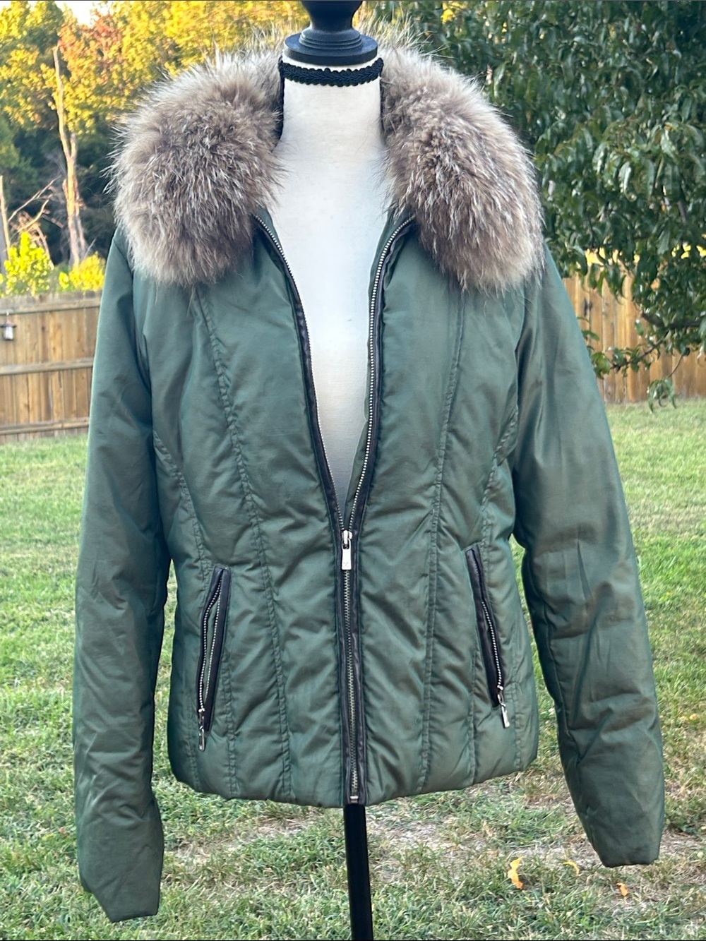 Michael Kors Olive Green Puffer Jacket with Racoon Fur Trim
